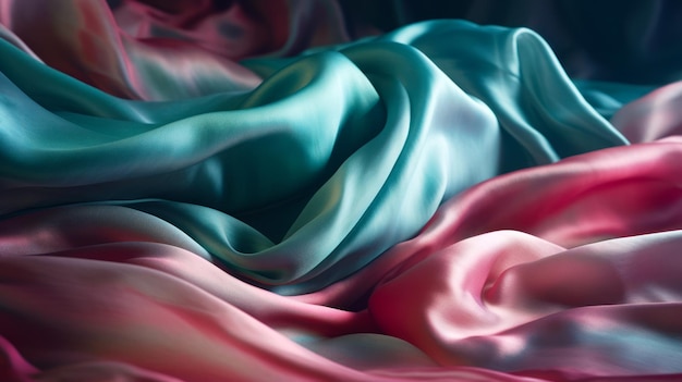 Close-up de material de seda rosa azul e verde com fundo preto Generative AI