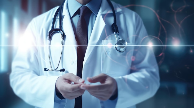 Close-up de médico masculino em fundo desfocado usando tela digital