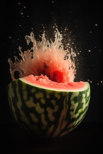 Close-up de melancia explodindo em fundo preto criado usando tecnologia generativa ai