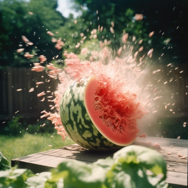 Close-up de melancia explodindo na mesa no jardim criado usando tecnologia de IA generativa