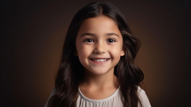 Close-up de menina com pele branca, cabelo castanho longo, cabelo ondulado e uma camiseta clara isolada