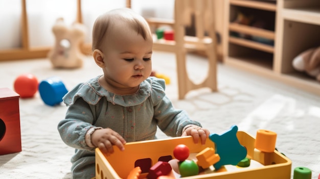 Close-up de menina jogando com brinquedos de madeira IA gerativa