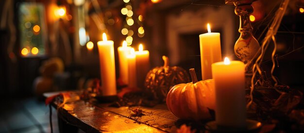 Close-up de mesa com tema de Halloween com velas acesas em uma sala mal iluminada