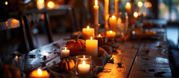 Close-up de mesa com tema de Halloween com velas acesas em uma sala mal iluminada