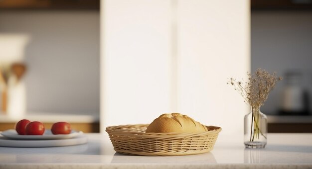 Close-up de mesa de cozinha com prato de vime de pão caseiro contra o fundo do cabeçalho interior