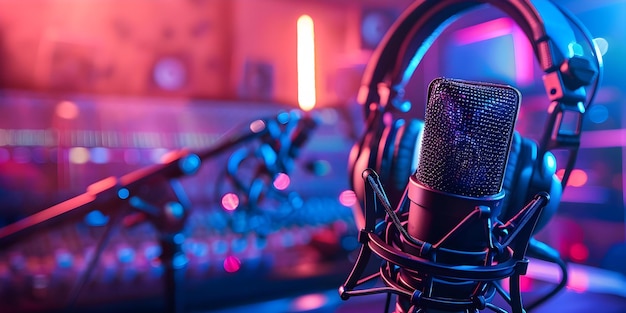 Close-up de microfone e fones de ouvido em iluminação de néon em estúdio de gravação Concept Recording Studio Neon Lights Close-up Shot Microfone Headphones