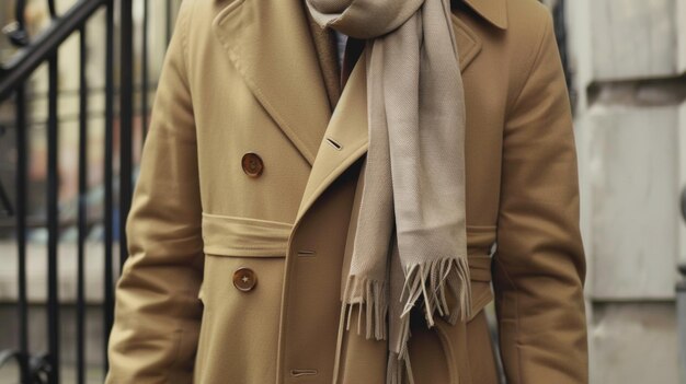 Close-up de moda chic de inverno um homem em um casaco de trincheira e lenço exala sofisticação em uma rua da cidade