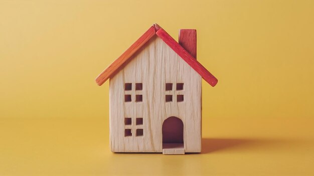 Close-up de modelo de casa em miniatura de madeira em fundo amarelo