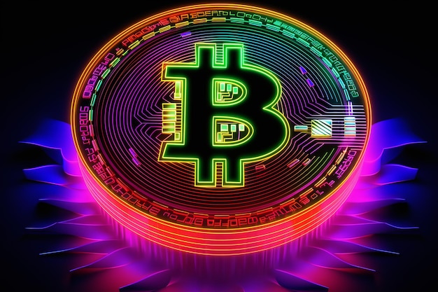 Foto close-up de moedas de criptomoeda de bitcoin brilhantes em luz de néon