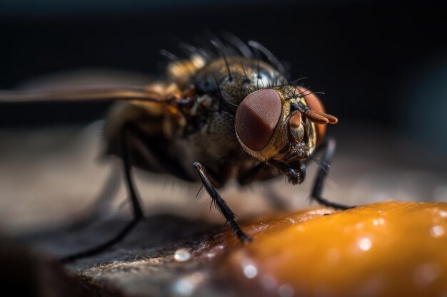 Close-up de mosca suja na comida