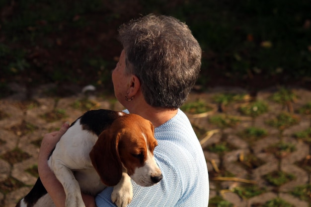 Close-up de mulher carregando cachorro em um dia ensolarado