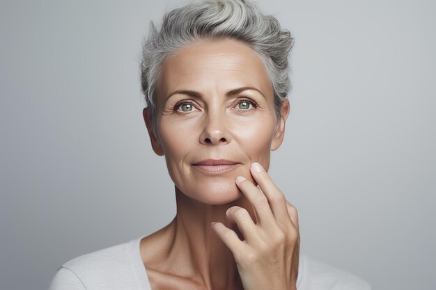 Foto close-up de mulher caucasiana de meia-idade tocando seu rosto para aplicar hidratante rosto sorridente de mulher grisalha adulta com creme diário cosméticos faciais cuidado da pele espaço de cópia de fundo cinza