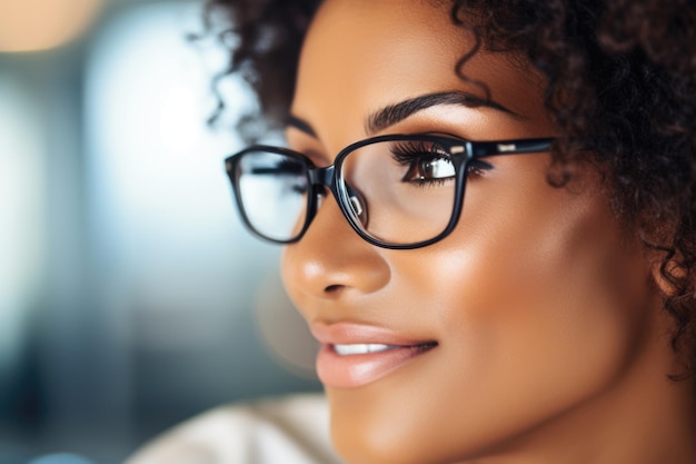 Close-up de mulher com óculos olhando para longe O conceito é visão com estilo e introspecção