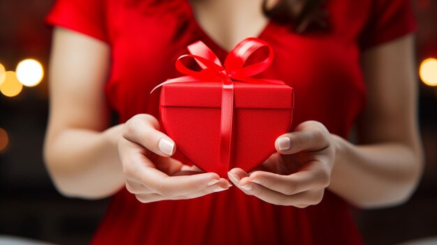 Close-up de mulher de vestido vermelho segurando caixa de presentes de Natal em casa