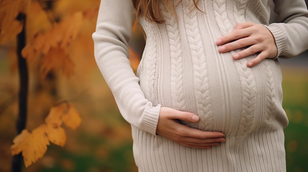 Close-up de mulher grávida em camisola tocando sua barriga no parque de outono