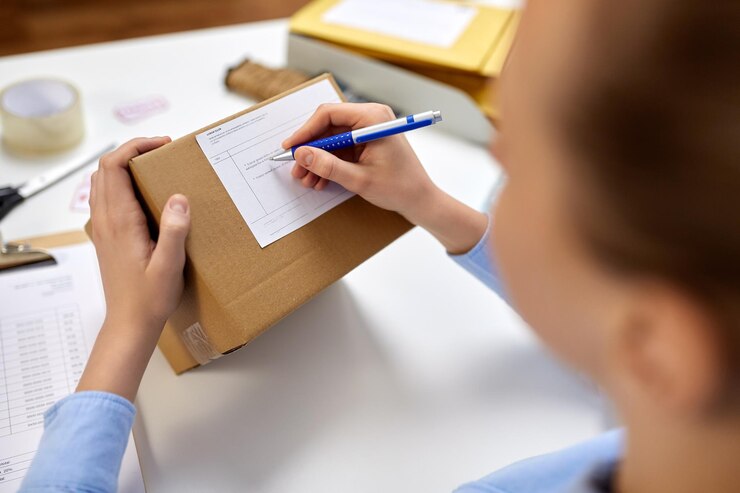 Foto close up de mulher preenchendo formulário postal no escritório