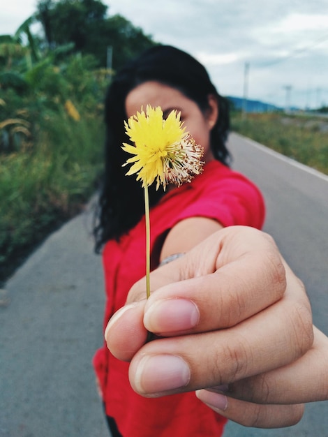 Foto close-up de mulher segurando uma flor amarela na estrada