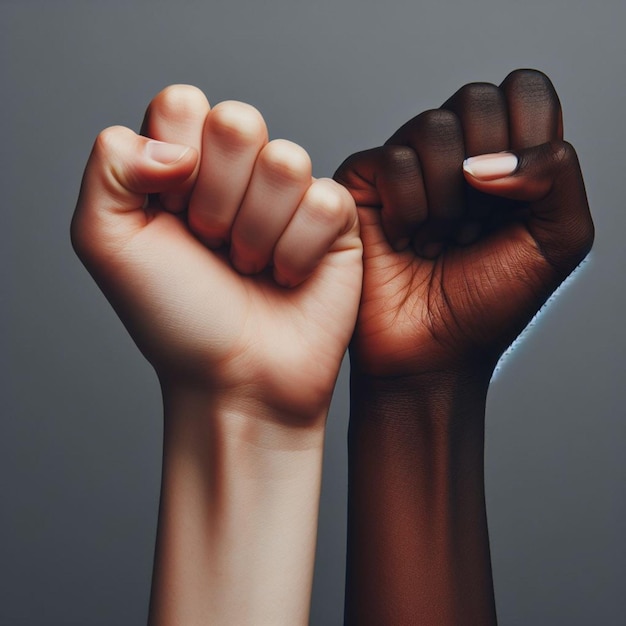Foto close-up de mulheres de pele clara e escura flexionando o punho contra um fundo cinzento