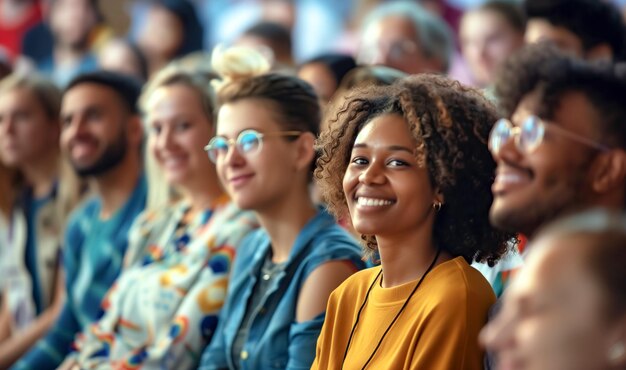 close-up de mulheres negras sorrindo em um grupo de audiência diversificada sentada no evento