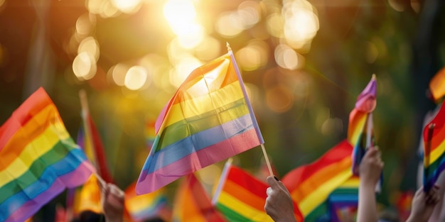 Close-up de multidão agitando bandeiras arco-íris no desfile do orgulho gay com um fundo de profundidade borrada e efeito bokeh