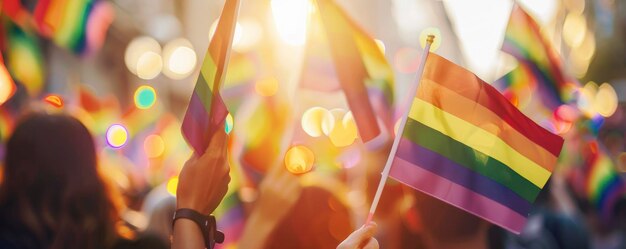 Close-up de multidão agitando bandeiras arco-íris no desfile do orgulho gay com um fundo de profundidade borrada e efeito bokeh