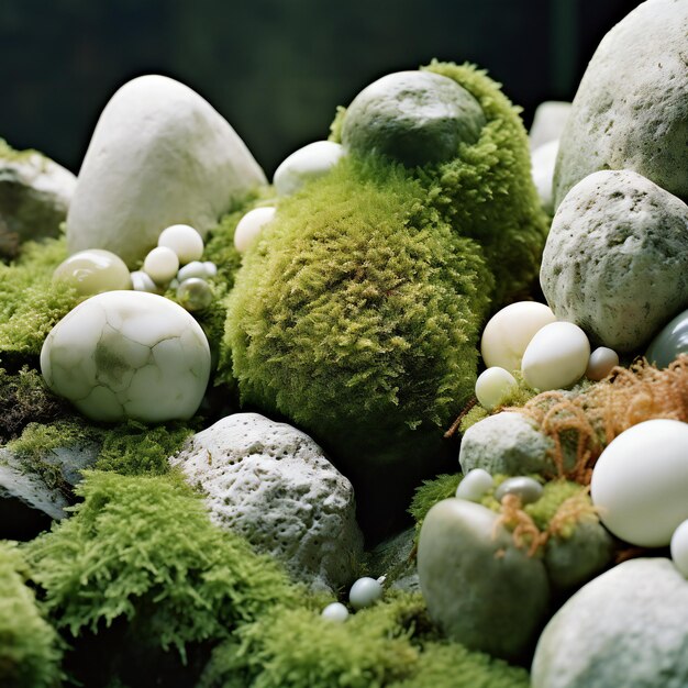 Close-up de musgo verde e decoração de rocha em fundo preto com espaço de cópia