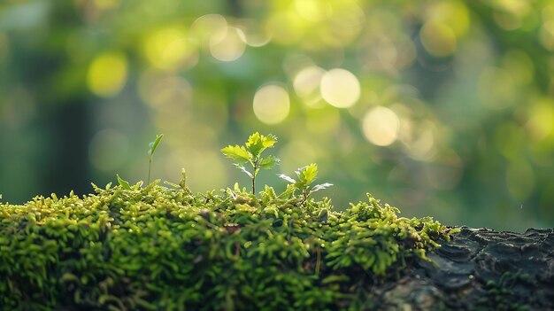 Close-up de musgo verde vibrante e pequenas plantas crescendo em um tronco de árvore com um fundo desfocado de luz solar e bokeh