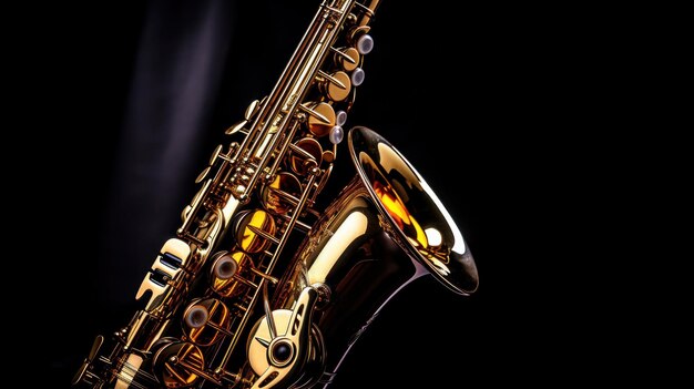 Close-up de música de jazz saxofone instrumento musical de saxofone alto em fundo preto