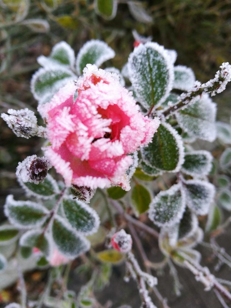 Foto close-up de neve na planta durante o inverno