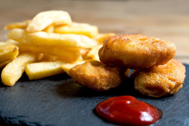 Foto close-up de nuggets de frango com batatas fritas em ardósia