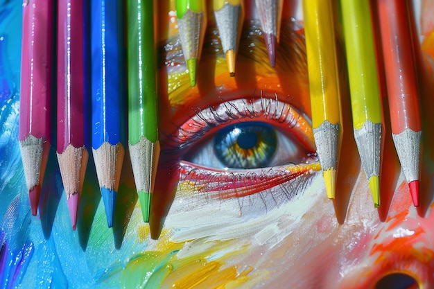 Close-up de olhos de pessoas cercados por lápis coloridos