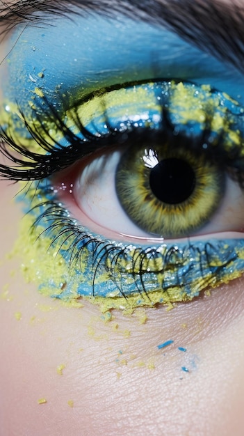 Close-up de olhos de pessoas com maquiagem azul e amarela