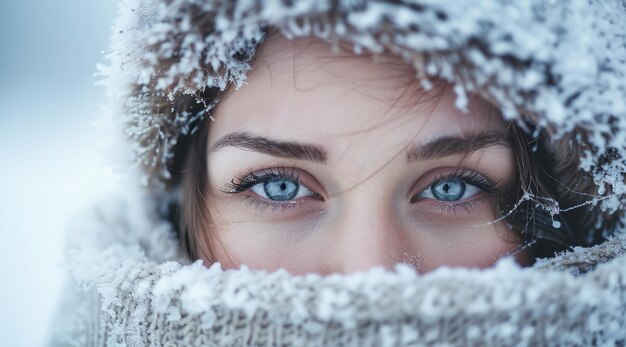 Foto close-up de olhos de uma mulher olhando para fora de um capuz coberto de neve