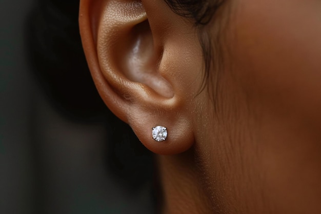 Close-up de orelha de mulher negra usando brincos de diamantes brilhantes
