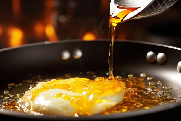 Close-up de ovos batidos sendo derramados em uma panela quente para fazer uma omelete