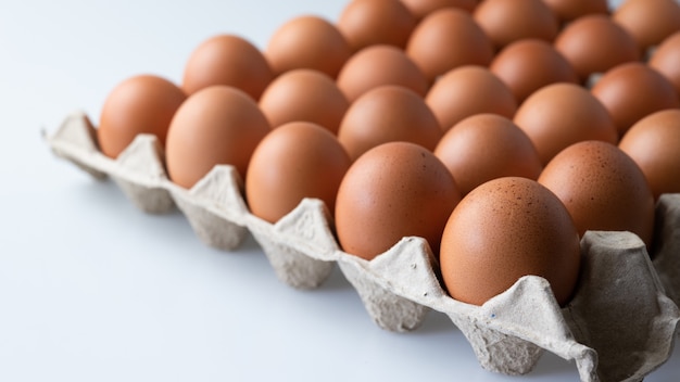 Close-up de ovos de galinha crua em caixa de ovo, alimentos orgânicos de natural