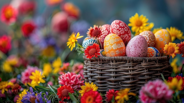 Foto close-up de ovos de páscoa coloridos dispostos em uma cesta com flores de primavera ao fundo