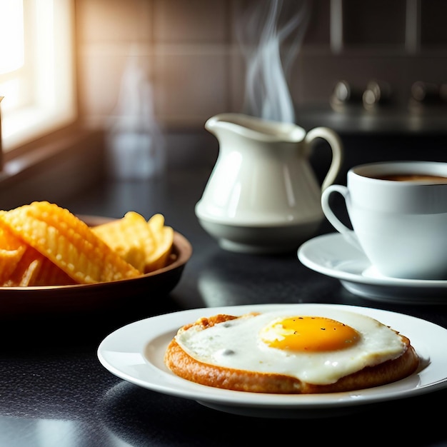 Close-up de ovos fritos e café com fundo de cozinha criado com tecnologia de IA generativa