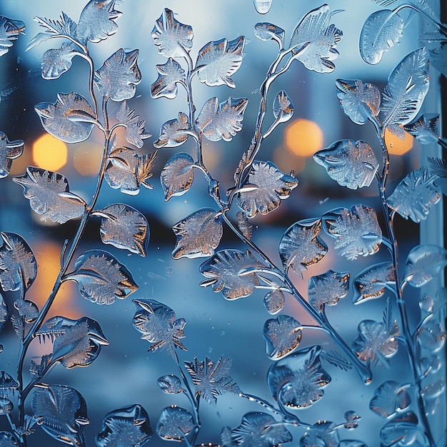 Close-up de padrões intrincados de gelo em uma janela