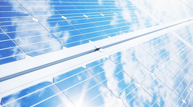 Close-up de painéis solares de ilustração 3D. Energia alternativa. Conceito de energia renovável. Energia ecológica e limpa. Painéis solares, fotovoltaicos com reflexo lindo céu azul.
