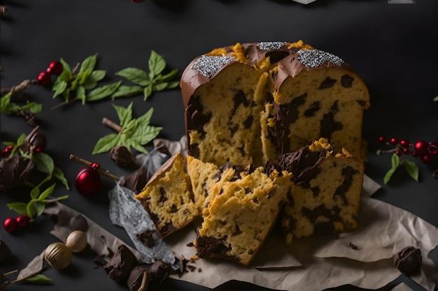 Close-up de panettone cheio de generosas gotas de chocolate perfeito para celebrar o Natal com indulgência Gerado por IA