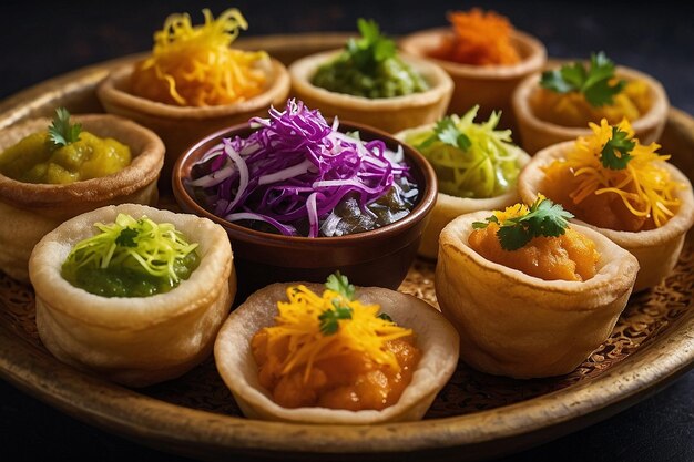 Foto close-up de pani puri com guarnições vibrantes e colorf