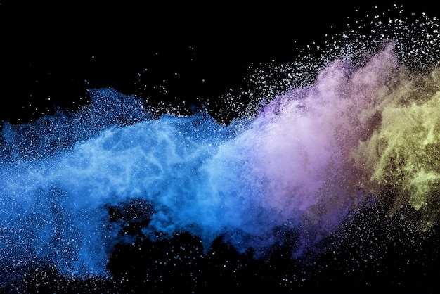 Close-up de partículas de poeira azul isoladas em fundo preto