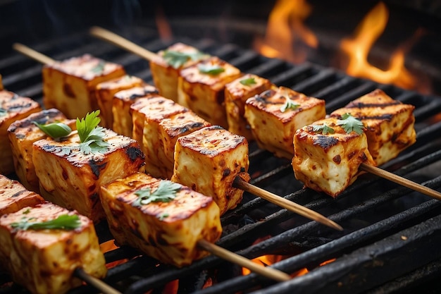 Close-up de pedaços de paneer tikka sendo girados em uma grelha