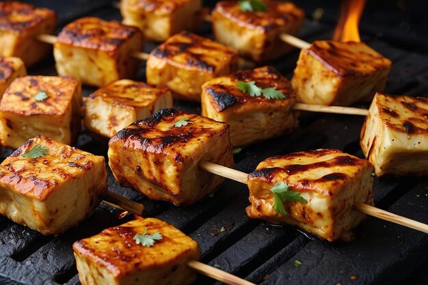 Close-up de pedaços de paneer tikka sendo grelhados em espeto