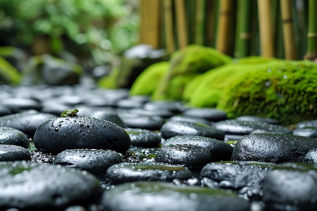 Close-up de pedras brilhantes e sapo solitário em um jardim Zen
