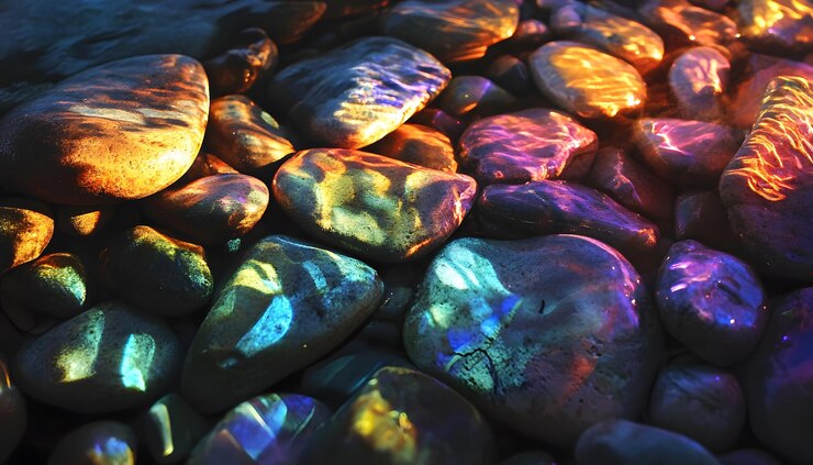 Foto close-up de pedras lisas e molhadas com reflexos irisescentes
