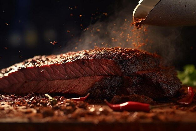 Foto close-up de peito de carne grelhada sendo esfregado com especiarias