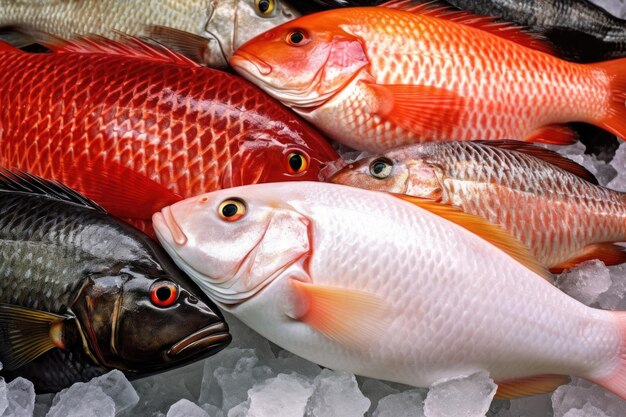 Close-up de peixe fresco no gelo exibido num mercado criado com ai generativa