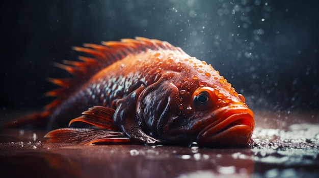 Close-up de peixes com gotas de água em seu rosto Generative AI